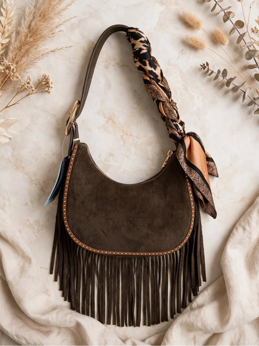 Brown Suede Fringe Shoulder Bag with Braided Scarf Accent